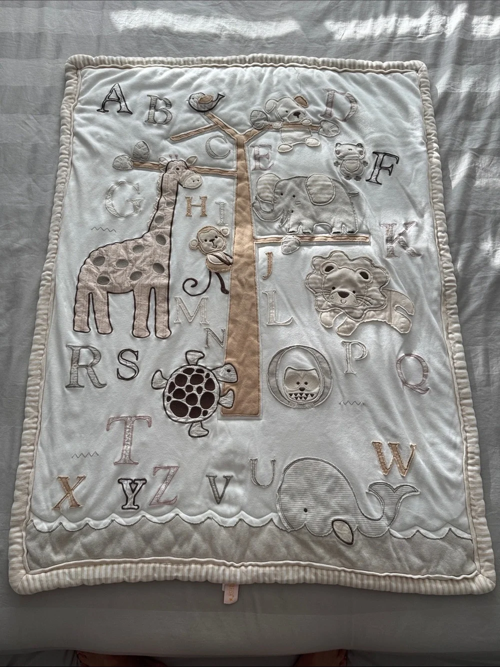 Embroidered Animal Alphabet Baby Blanket - Cream & Tan